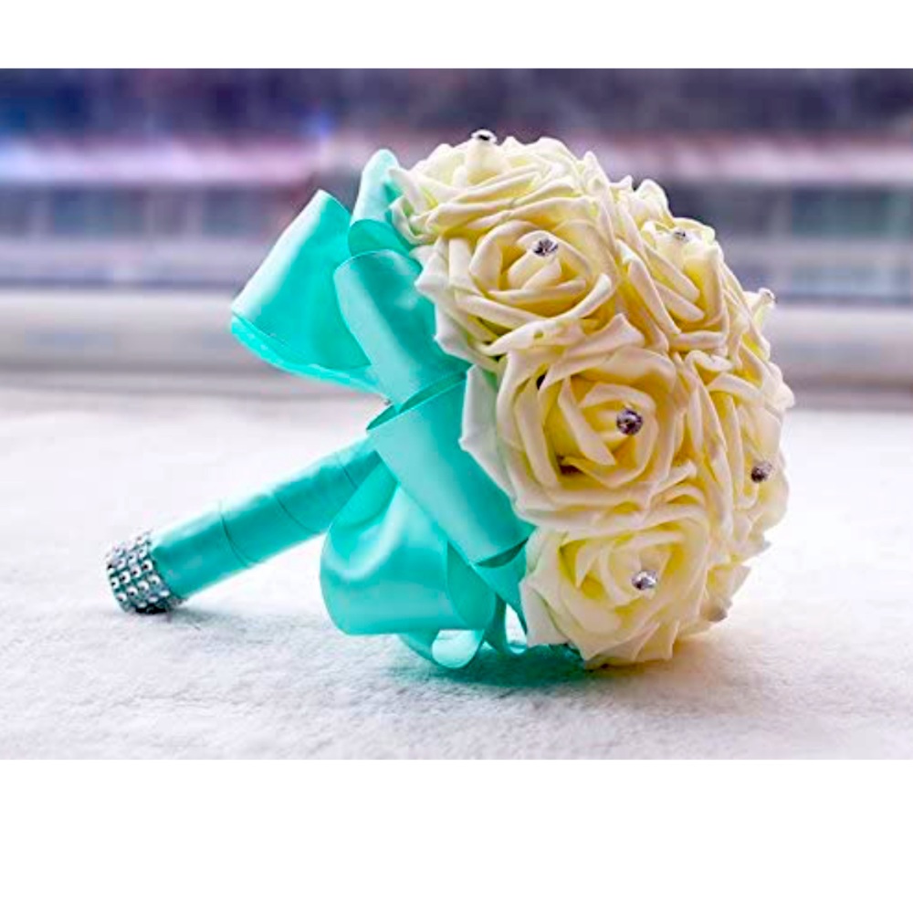 Synthetic Rose Bouquet with Tiffany Blue Ribbon